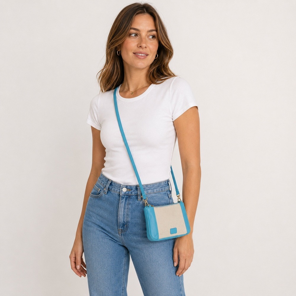 Fossil Turquoise Blue Leatherā and Canvas Small Crossbody Bag Zip Top Messenger